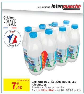 LAIT UHT DEMI ÉCRÉMÉ BOUTEILLE PÂTURAGES