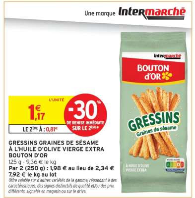 GRESSINS GRAINES DE SÉSAME À L'HUILE D'OLIVE VIERGE EXTRA BOUTON D'OR