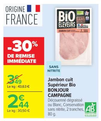 Jambon cuit Supérieur Bio BONJOUR CAMPAGNE