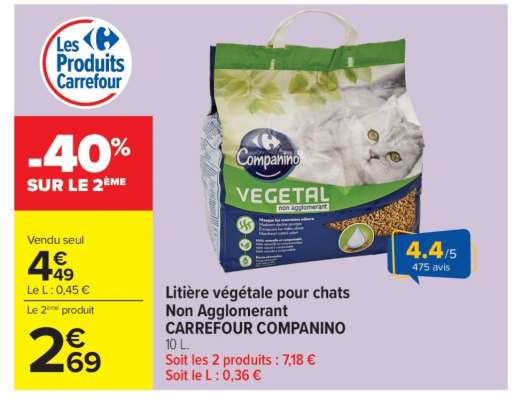 Litière végétale pour chats Non Agglomerant CARREFOUR COMPANINO