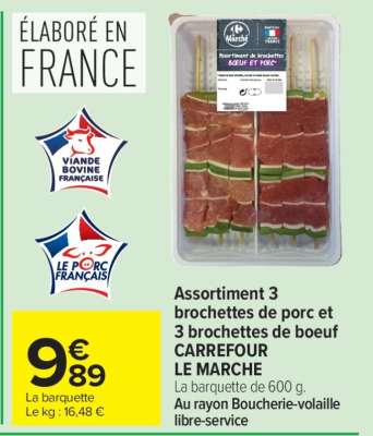 Assortiment 3 brochettes de porc et 3 brochettes de boeuf