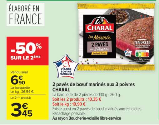 2 pavés de bœuf marinés aux 3 poivres CHARAL