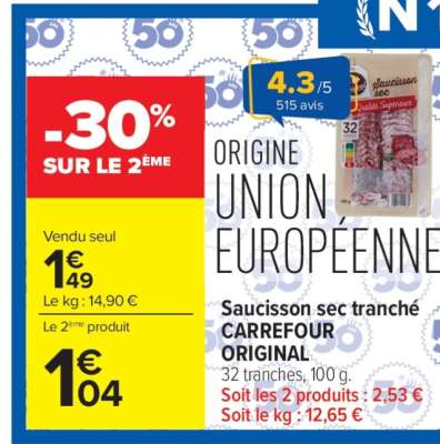 Saucisson sec tranché CARREFOUR ORIGINAL
