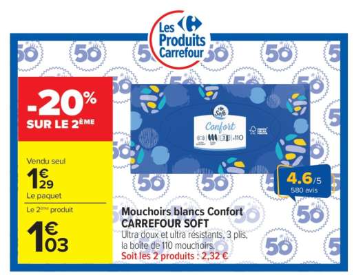 Mouchoirs blancs Confort CARREFOUR SOFT