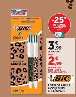 2 stylos à bille 4 couleurs BIC Léopard