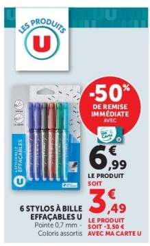 6 stylos à bille effaçables U