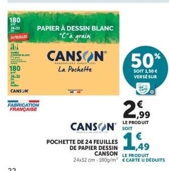 POCHETTE DE 24 FEUILLES DE PAPIER DESSIN CANSON