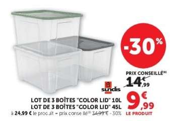 Lot de 3 boîtes 'Color Lid' 10L et 45L
