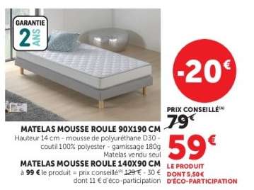 MATELAS MOUSSE ROULE 90X190 CM