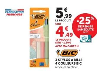 3 Stylos à Bille 4 Couleurs BIC