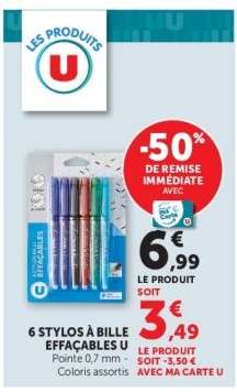 6 stylos à bille effaçables U