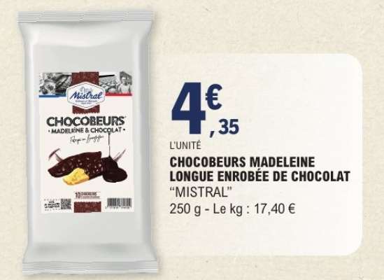 CHOCOBEURS MADELEINE LONGUE ENROBÉE DE CHOCOLAT "MISTRAL"