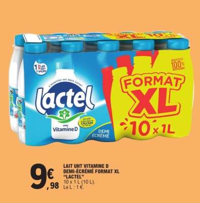 LAIT UHT VITAMINE D DEMI-ÉCRÉMÉ FORMAT XL "LACTEL"