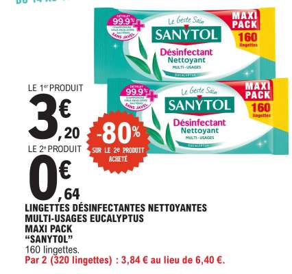 LINGETTES DÉSINFECTANTES NETTOYANTES MULTI-USAGES EUCALYPTUS MAXI PACK “SANYTOL”