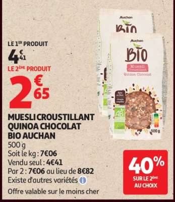 Muesli Croustillant Quinoa Chocolat Bio Auchan
