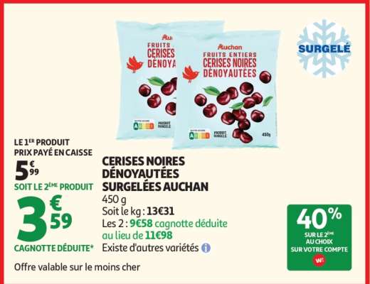 CERISES NOIRES DÉNOYAUTÉES SURGELÉES AUCHAN