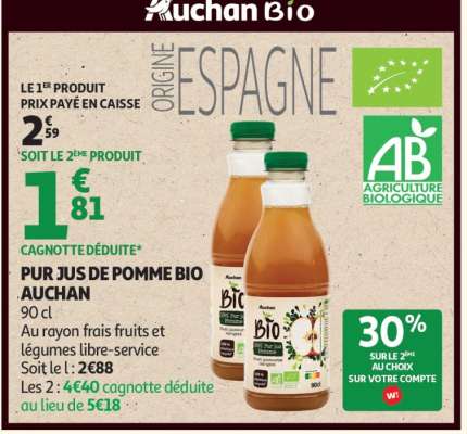 PUR JUS DE POMME BIO AUCHAN