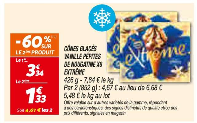 CÔNES GLACÉS VANILLE PÉPITES DE NOUGATINE X6 EXTRÊME