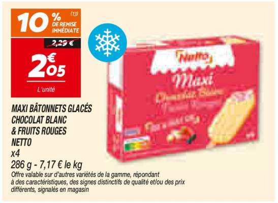 MAXI BÂTONNETS GLACÉS CHOCOLAT BLANC & FRUITS ROUGES NETTO