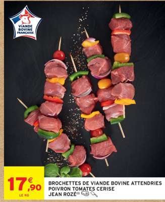 BROCHETTES DE VIANDE BOVINE ATTENDRIES POIVRON TOMATES CERISE JEAN ROZÉ