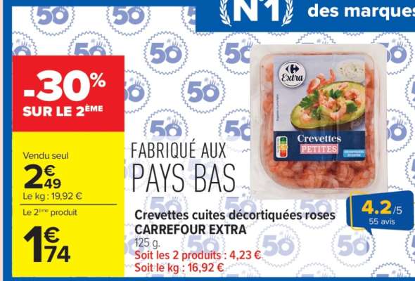 Crevettes cuites décortiquées roses CARREFOUR EXTRA