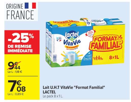 Lait U.H.T VitaVie "Format Familial" LACTEL