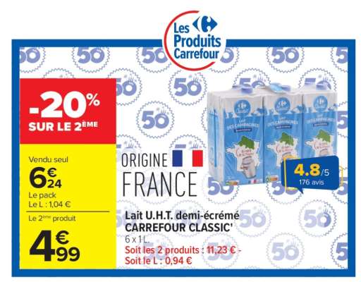 Lait U.H.T. demi-écrémé CARREFOUR CLASSIC'