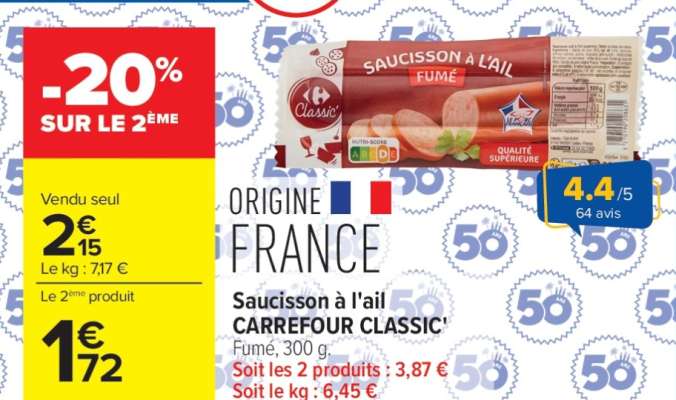 Saucisson à l'ail CARREFOUR CLASSIC'
