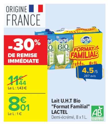 Lait U.H.T. Bio «Format familial» LACTEL