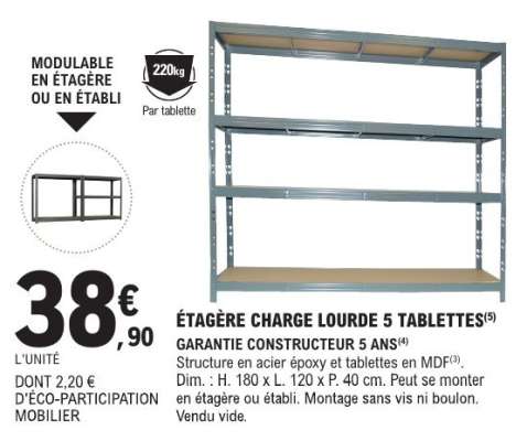 ÉTAGÈRE CHARGE LOURDE 5 TABLETTES