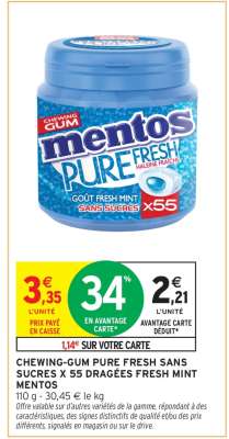 CHEWING-GUM PURE FRESH SANS SUCRES x 55 DRAGÉES FRESH MINT MENTOS