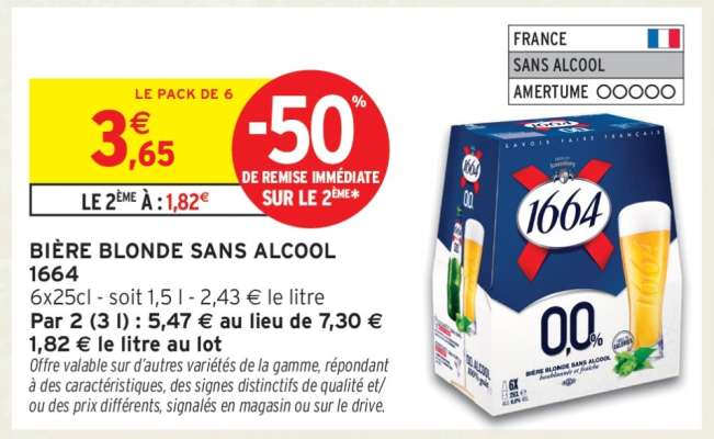 Bière blonde sans alcool 1664