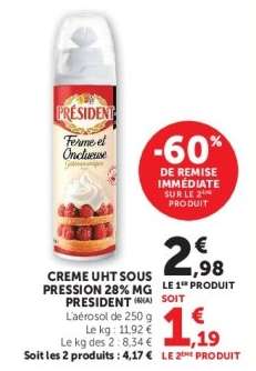 CREME UHT SOUS PRESSION 28% MG PRESIDENT