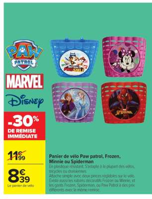 Panier de vélo Paw patrol, Frozen, Minnie ou Spiderman