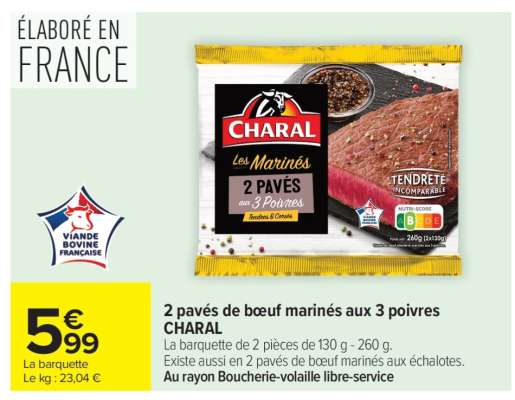 2 pavés de bœuf marinés aux 3 poivres CHARAL
