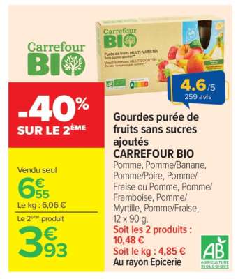 Gourdes purée de fruits sans sucres ajoutés CARREFOUR BIO