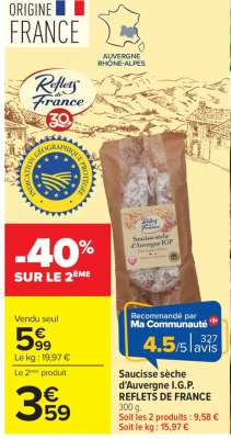 Saucisse sèche d'Auvergne I.G.P. REFLETS DE FRANCE