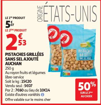 Pistaches Grillées Sans Sel Ajouté Auchan