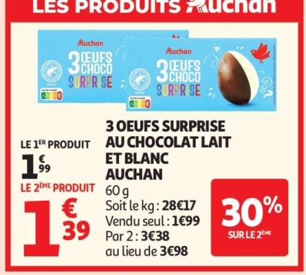 3 OEUFS SURPRISE AU CHOCOLAT LAIT ET BLANC AUCHAN