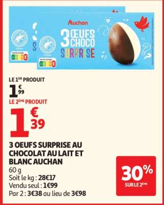 3 OEUFS SURPRISE AU CHOCOLAT AU LAIT ET BLANC AUCHAN