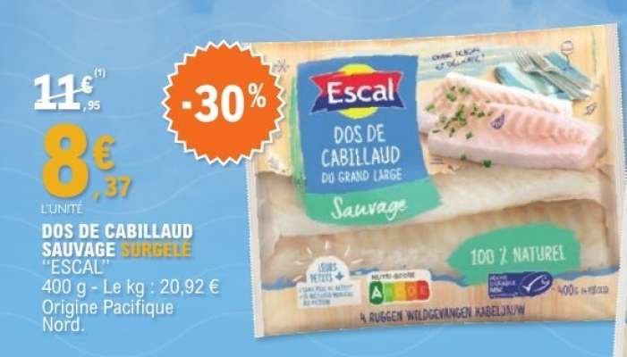 DOS DE CABILLAUD SAUVAGE SURGELÉ “ESCAL”