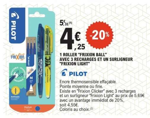 1 Roller 'Frixion Ball' avec 3 recharges et un surligneur 'Frixion Light'