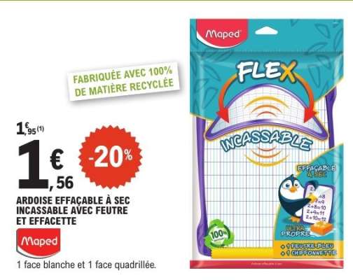 Ardoise Effaçable à Sec Incassable avec Feutre et Effacette