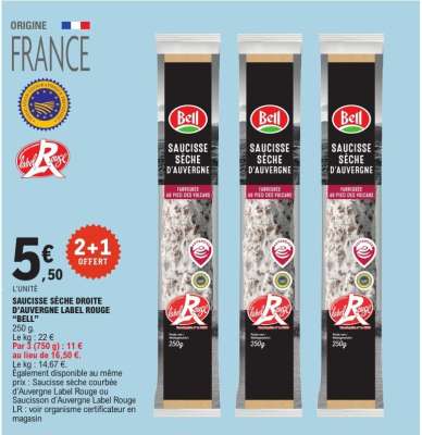 SAUCISSE SÈCHE DROITE D'AUVERGNE LABEL ROUGE "BELL"
