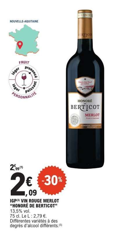 IGP VIN ROUGE MERLOT "HONORÉ DE BERTICOT"