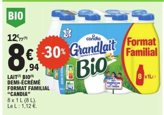 GRANDLAIT BIO DEMI-ÉCRÉMÉ FORMAT FAMILIAL “CANDIA”