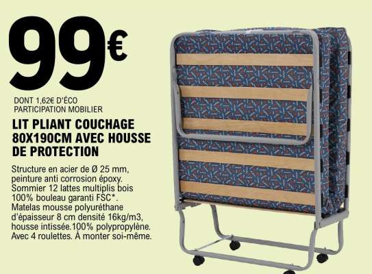 LIT PLIANT COUCHAGE 80X190CM AVEC HOUSSE DE PROTECTION