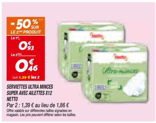 SERVIETTES ULTRA MINCES SUPER AVEC AILETTES X12 NETTO
