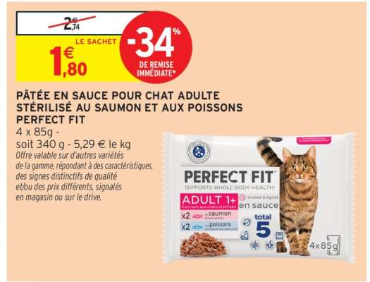 PÂTÉE EN SAUCE POUR CHAT ADULTE STÉRILISÉ AU SAUMON ET AUX POISSONS PERFECT FIT