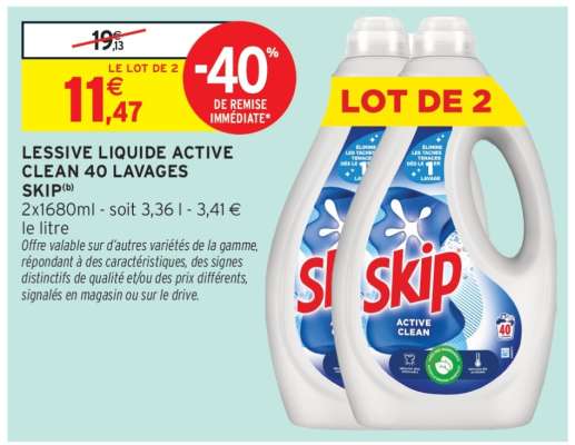 LESSIVE LIQUIDE ACTIVE CLEAN 40 LAVAGES SKIP